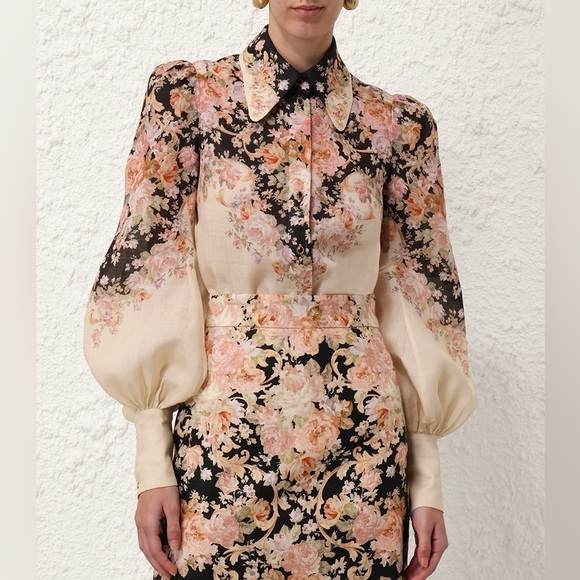 Zimmermann Tops - Zimmermann Illustration Body Shirt Linen Black and Cream Floral Blouse AU 1